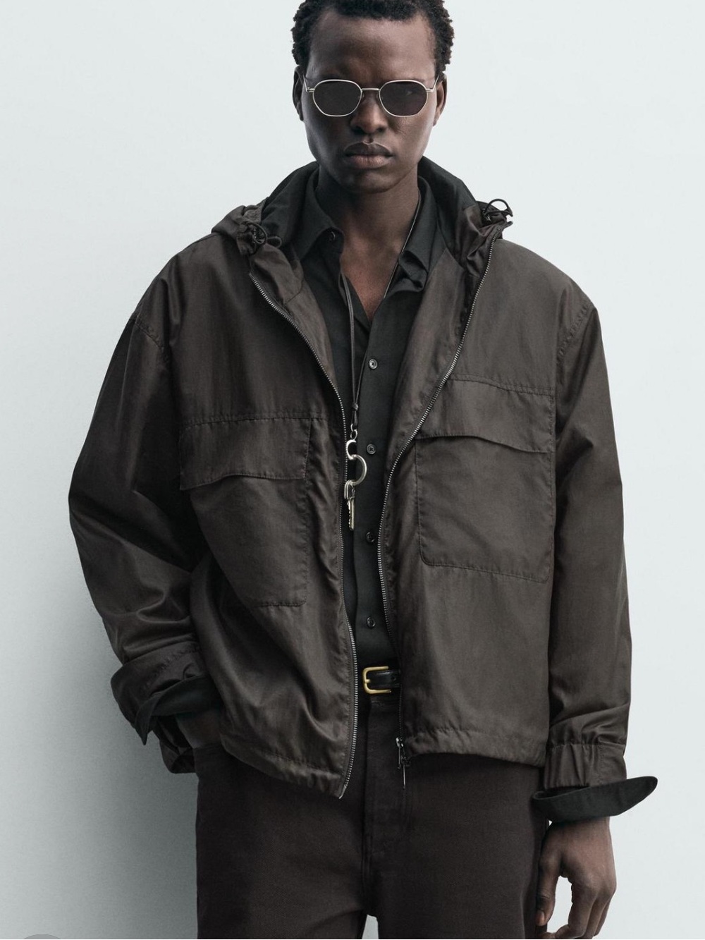 Zara Men's Hooded Windbreaker in Dark Brown
